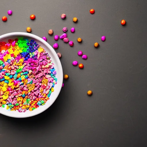 Prompt: a bowl of colorfull cereal falling off a table, studio lighting, food photography