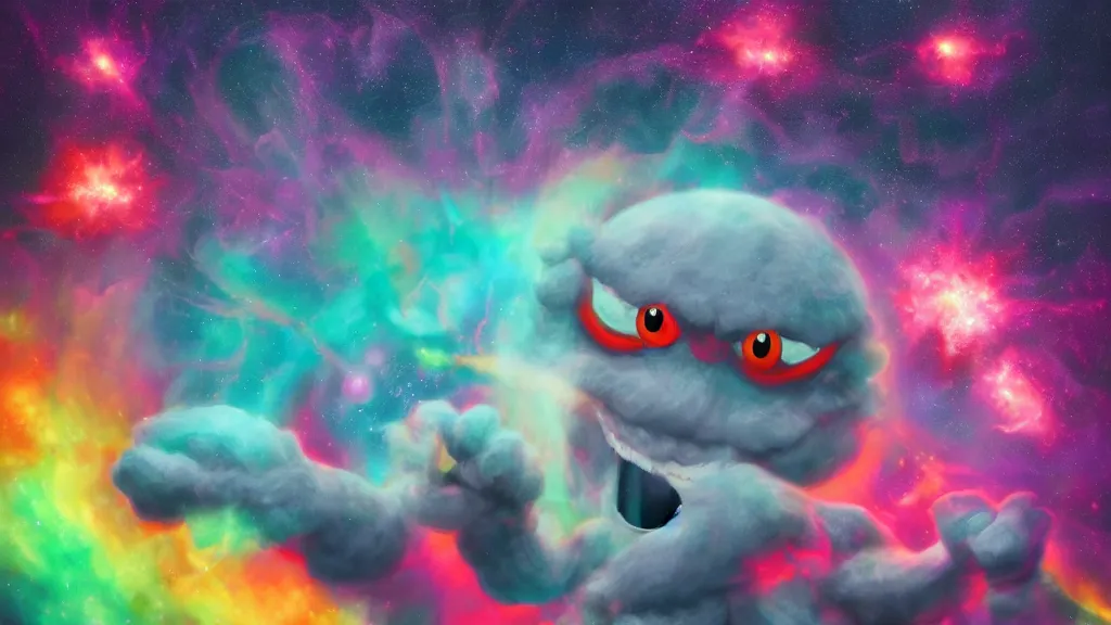 Image similar to elmo god demon with sharp teeth in space, pastel, nebula explosion, stars, fantasy, magical, trending on artstation, digital art,