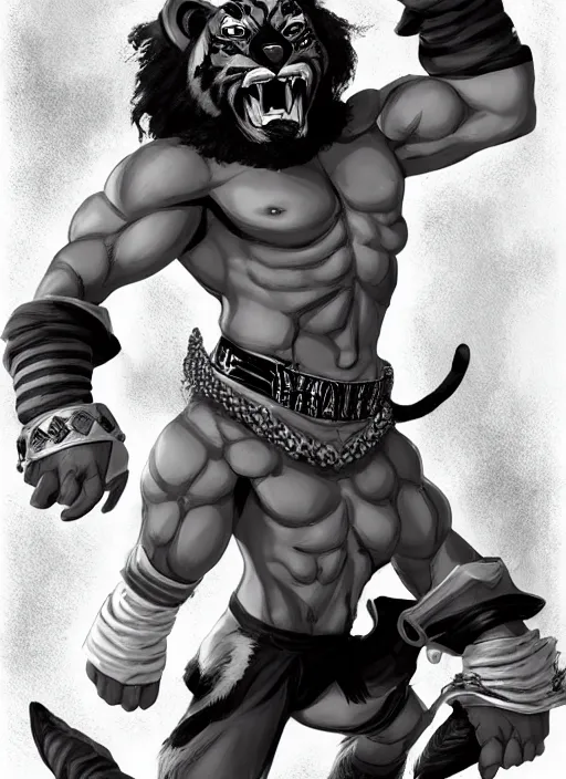 Image similar to character portrait of a male anthro Tiger fursona dressed like Macho Man Randy Savage in a futuristic wrestling ring. Character design by charlie bowater, ross tran, artgerm, and makoto shinkai, detailed, inked, western comic book art