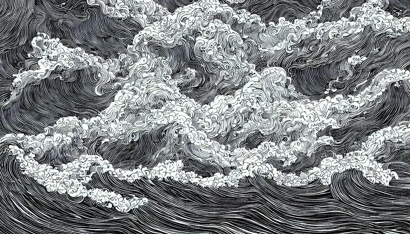Image similar to huge waves far out at sea drawing by Victo Ngai, minimalist, detailed, horizon, black and white, kilian eng, josan gonzalez