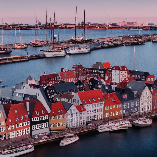 Prompt: copenhagen denmark with new england colonial buildings on a harbor, pink ice cream mountain in the distance, cinematic, volumetric, realistic, cinematic lighting, ray tracing, unreal engine 5, octane render, hyper realistic, photo, 8 k