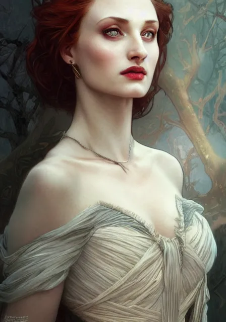 Prompt: sansa angeline jolie gessica chastain victorian vampire, intricate, elegant, highly detailed, digital painting, artstation, concept art, smooth, sharp focus, illustration, art by artgerm and greg rutkowski and alphonse mucha and william - adolphe bouguereau