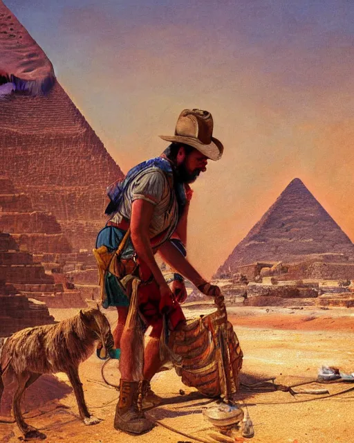 Prompt: detailed painting of an american lumberjack in front of the gizeh pyramids of egypt, deep focus, good lighting, rules of composition, intricate, greg rutkowski, magali villeneuve and monet