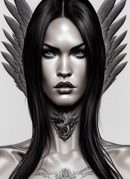 Image similar to symmetry!! gantz portrait of megan fox as a tattooed dark angel, unholy, intricate, highly detailed, dynamic lighting, digital art, digital painting, artstation, terence nielsen, sharp focus, illustration, art by artgerm and greg rutkowski and moebius, 8 k