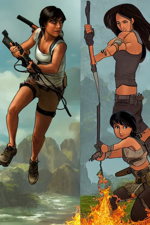 Prompt: Isabela Merced as Dora the Explorer vs Angelina Jolie as Lara Croft, movie concept art, film by Michael Bay