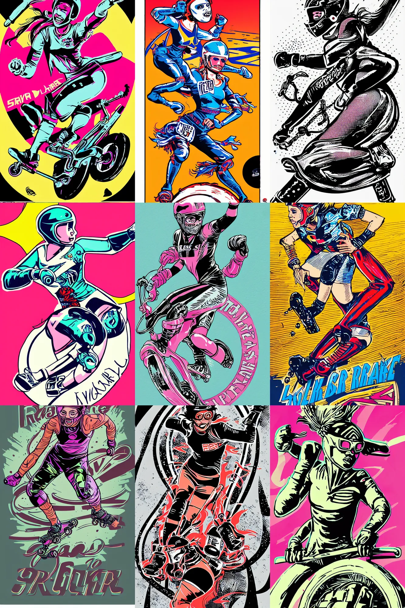 Prompt: roller derby girl sprinting , full length portrait, logo, wearing skating helmet, , victory arms, Philippe Caza, 2 colour print
