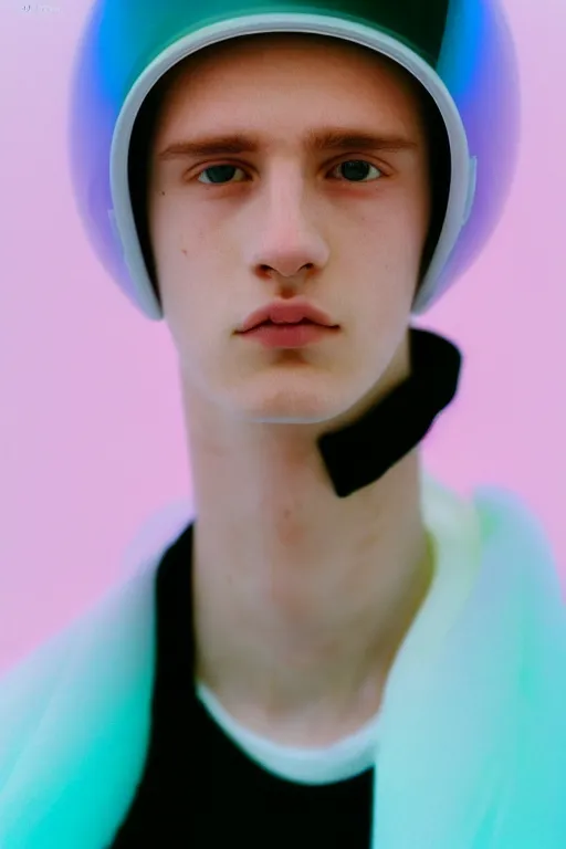 Image similar to high quality pastel coloured film mid angle portrait photograph of a beautiful young 2 0 year old male, soft features, short hair, perspex space visor and oversized inflated clothing!!!! icelandic black! rock pool environment. atmospheric three point light. photographic. art directed. ( pastel colours ). volumetric. clearcoat. waves. 8 k. filmic.