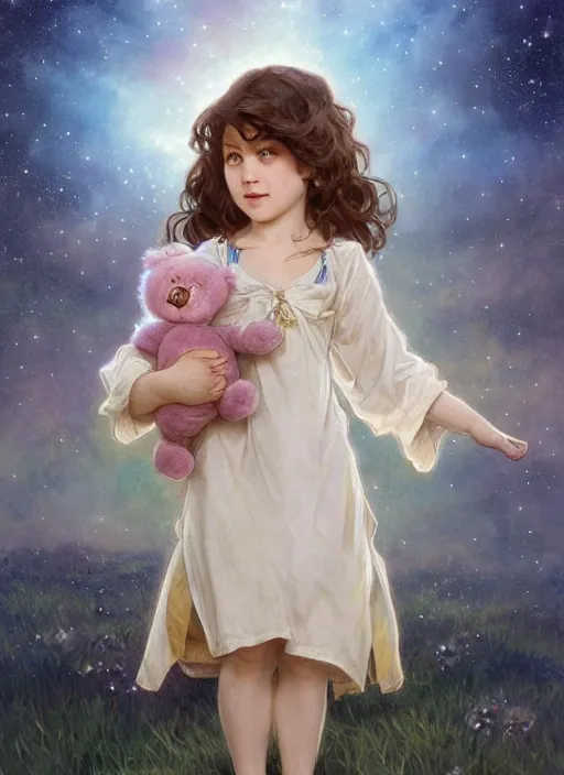 Image similar to A cute little girl with short curly brown hair. She is standing in a field at night holding a care bear, looking up and the sky is filled with constellations. beautiful fantasy art by By Artgerm and Greg Rutkowski and Alphonse Mucha, trending on artstation.