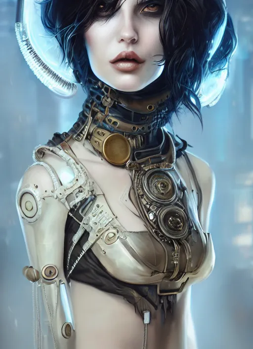 Image similar to soft lustrous ivory ebony biotech raver gutter punk gothic steampunk cyborg, golden ratio, details, scifi, fantasy, cyberpunk, intricate, decadent, highly detailed, digital painting, octane render, artstation, concept art, smooth, sharp focus, illustration, art by artgerm, loish, wlop