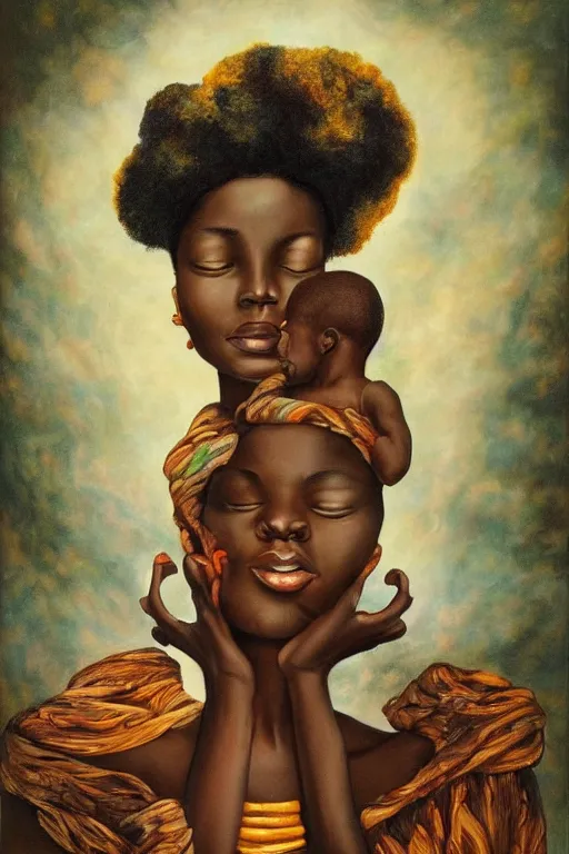 Prompt: painting of african mother nature floating through the sky, inspired by gustav moreau and wayne barlow, exquisite detail, hyper realism, ornate, exquisite detail, cute face