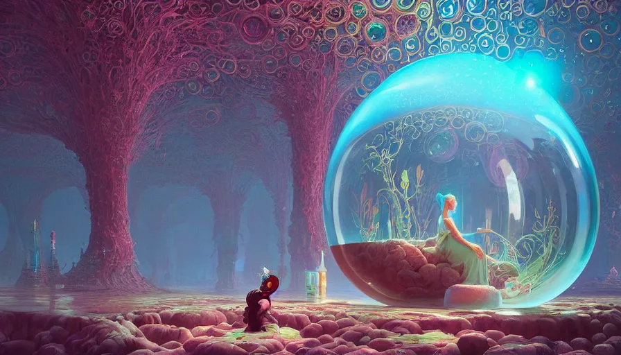 Image similar to a beautiful woman inside ornate bubbles of iridescent liquid, alchemy, intricate, bloom, detailed, volumetric lighting, sharp focus, photorealism, digital painting, highly detailed, concept art, by roger dean and simon stalenhag and mark brooks