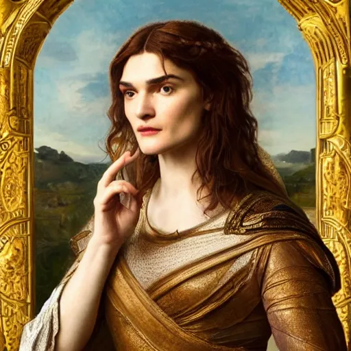 Image similar to a stunning pre - raphaelite portrait of rachel weisz as the all - knowing goddess athena, wise and mirthful, 4 k aesthetic masterpiece