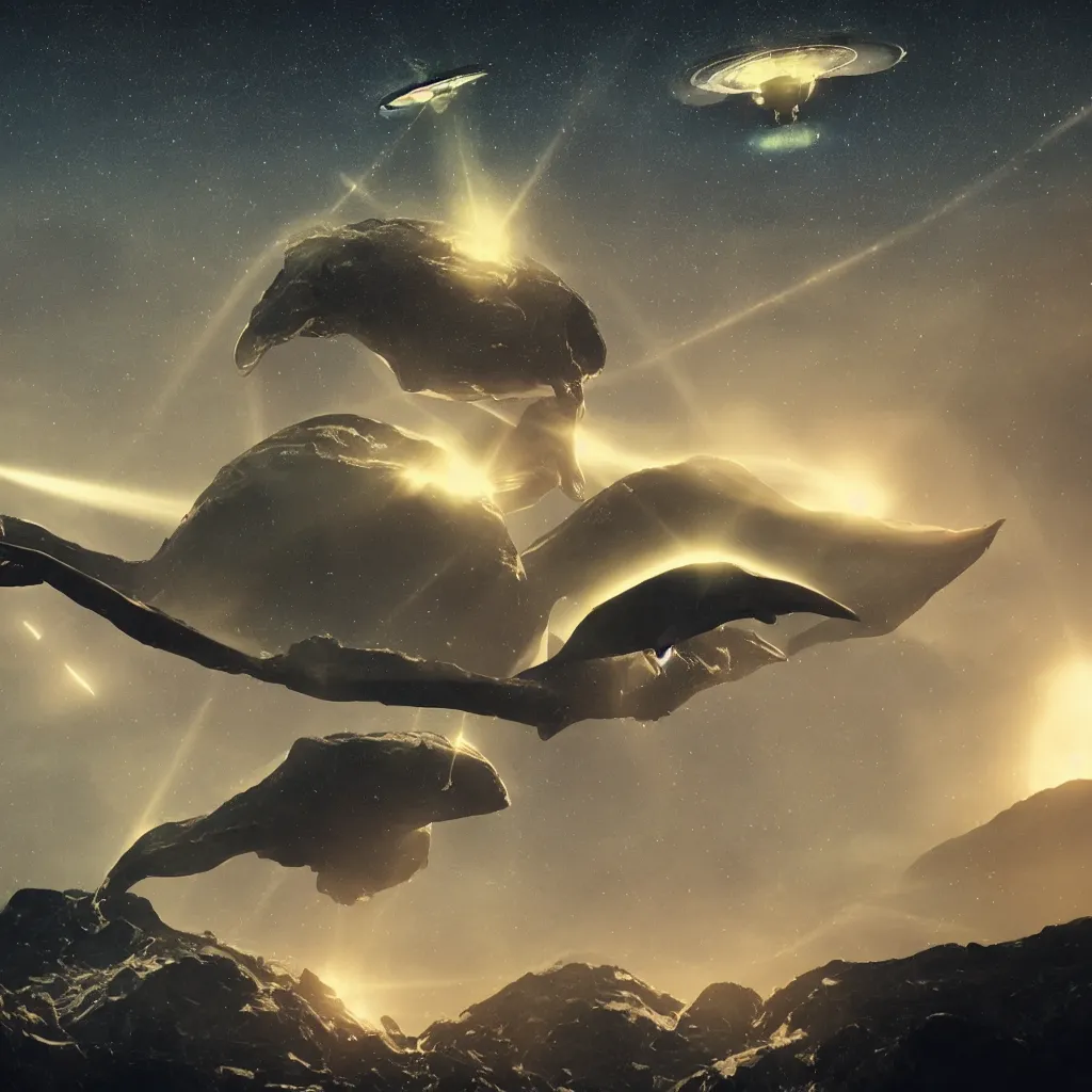 Prompt: organic alien pterodactyl mothership with searchlights flying over a mountainous alien landscape with visible planets in the sky, refraction, reflections, chromatic aberration, light scatter, ray tracing, dramatic sci-fi movie still, high contrast, thrilling, awe inspiring, stunning