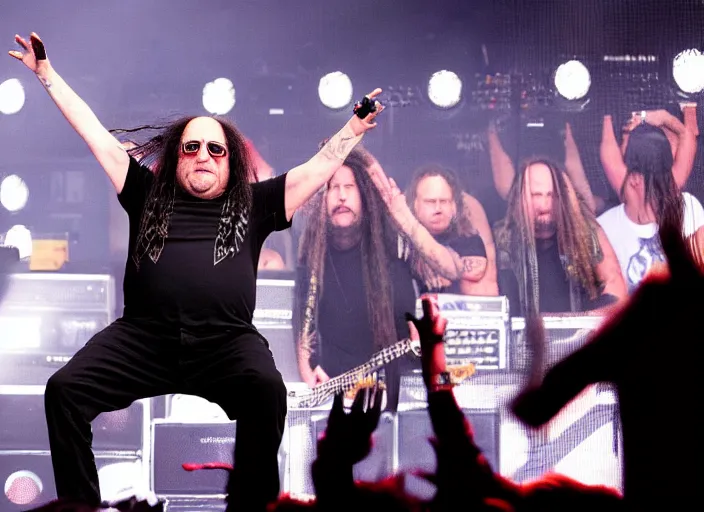 Image similar to publicity photo still of danny devito touring with korn live on stage, 8 k, live concert lighting, mid shot