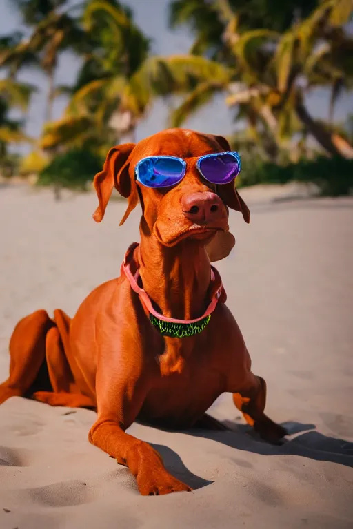 Prompt: vizsla!!! wearing ( ( ( sunglasses ) ) ) outfit tropical surfboard 4 k photography