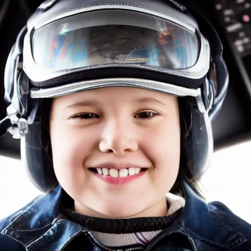 Prompt: 9 year old girl wearing a pilot helmet, close up, in cockpit, lit by two big soft boxes, 2 4 mm wide angle