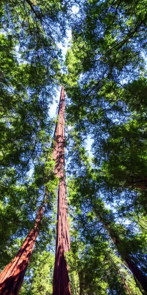 Prompt: Looking up at the worlds tallest tree, in the redwood forest