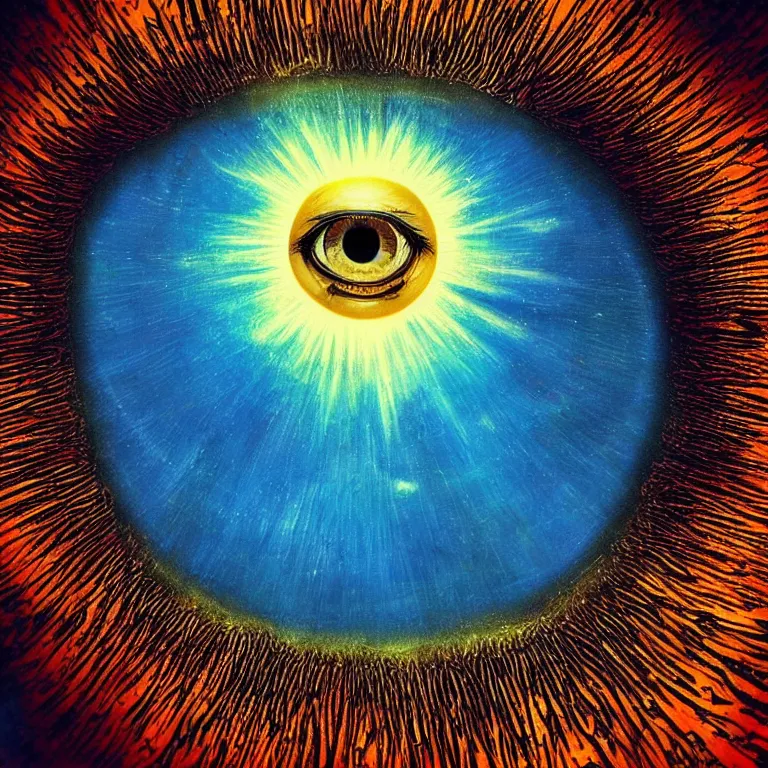 Prompt: eyes skyward tiny macro dmt eye staring at the sun immense knowledge supreme peace overwhelming color apocalyptic blue gold black