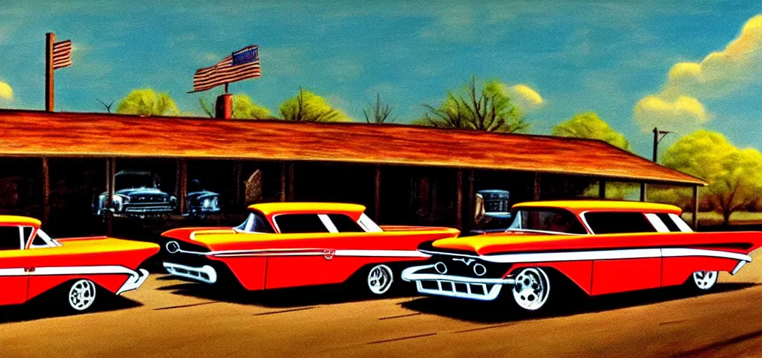 Image similar to concept art of hotrods in a small rural town in middle America in the 1960s, detailed, Americana, golden hour