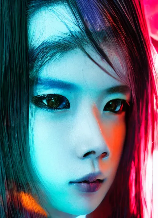 Image similar to a close-up risograph long shot of cyberpunk japanese model girl with black eyes and pretty face wearing lots of transparent and cellophane accessories, blue hour, twilight, cool, portrait, Kodachrome, ISO1200,