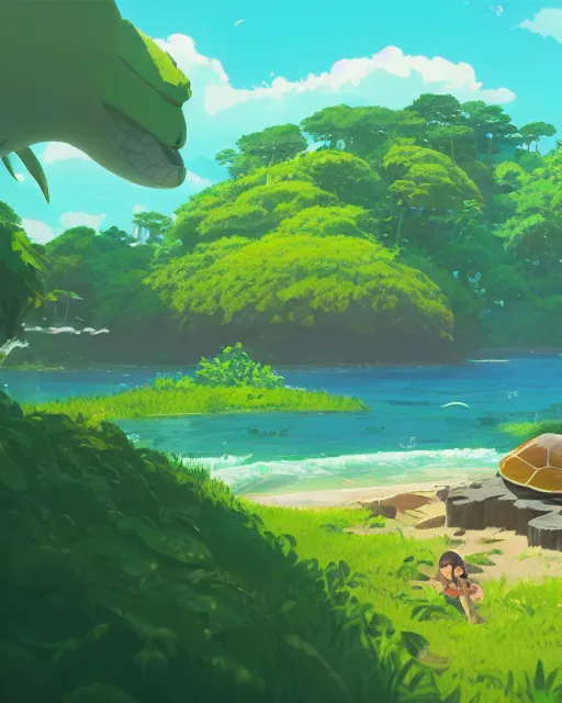 Image similar to a turtle shaped island, lush vegetation, azure water, glowing light, cory loftis, james gilleard, atey ghailan, makoto shinkai, goro fujita, studio ghibli, rim light, exquisite lighting, clear focus, very coherent, plain background, soft painting