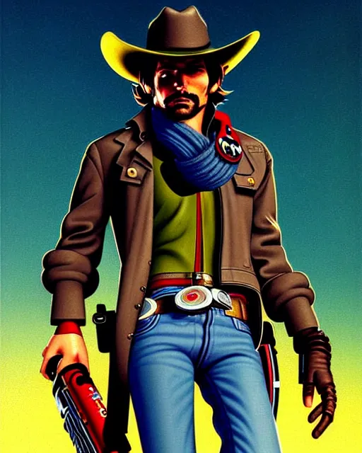 Image similar to mccree from overwatch, space cowboy, outter space, character portrait, portrait, close up, concept art, intricate details, highly detailed, vintage sci - fi poster, retro future, vintage sci - fi art, in the style of chris foss, rodger dean, moebius, michael whelan, and gustave dore