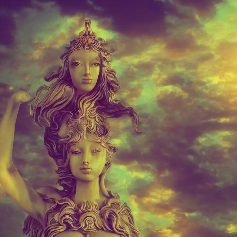 Image similar to anthropomorphic female deity, aesthetic, vaporwave, golden hour, ethereal