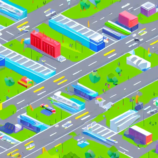 Prompt: isometric low poly city landscape of a lush and bright futuristic city, full of white buildings and futuristic cars, bright blue sky