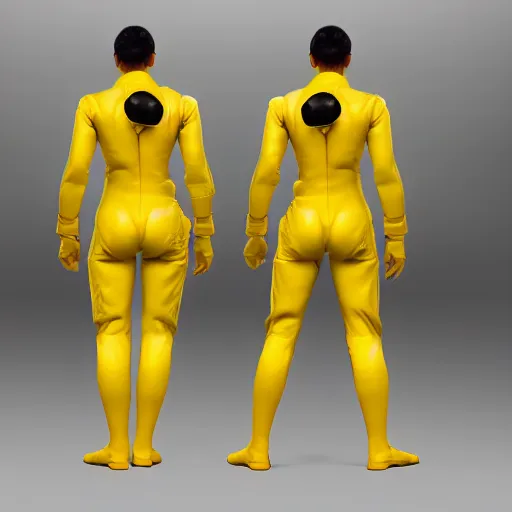 Image similar to « a person wearing yellow hazma suit, in a laboratory, photorealistic, unreal engine 5, full body portrait, back view »