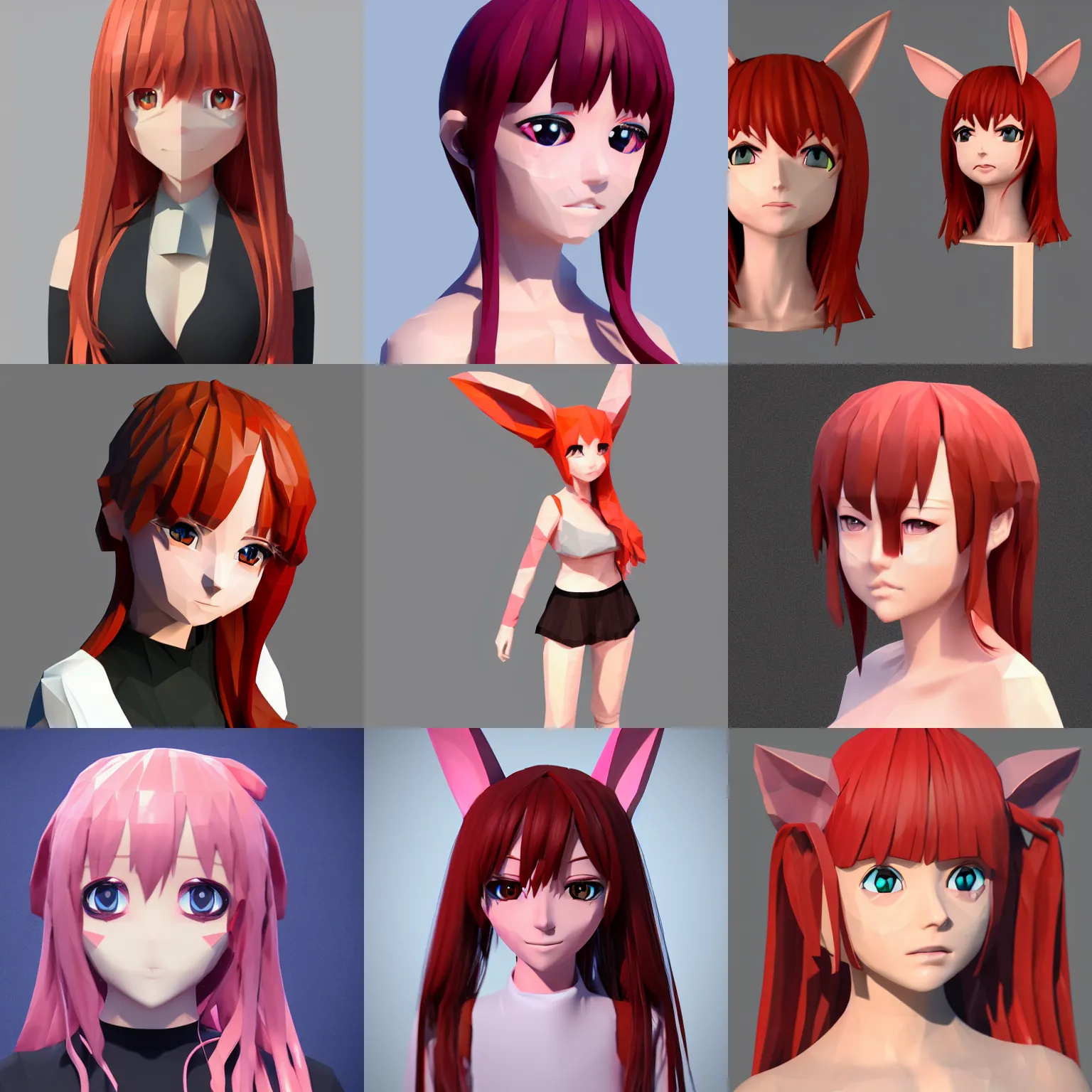 Prompt: low poly model of a 3D anime girl, long crimson hair, rabbit ears, round face, medium shot, trending on ArtStation, detailed face