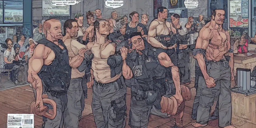 Prompt: Mall cops vs weightlifters. Epic painting by James Gurney and Laurie Greasley.