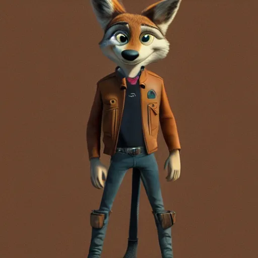 Image similar to portrait, 3 d render, anthropomorphic coyote male, wearing along brown leather jacket, in the style of zootopia, centered on face