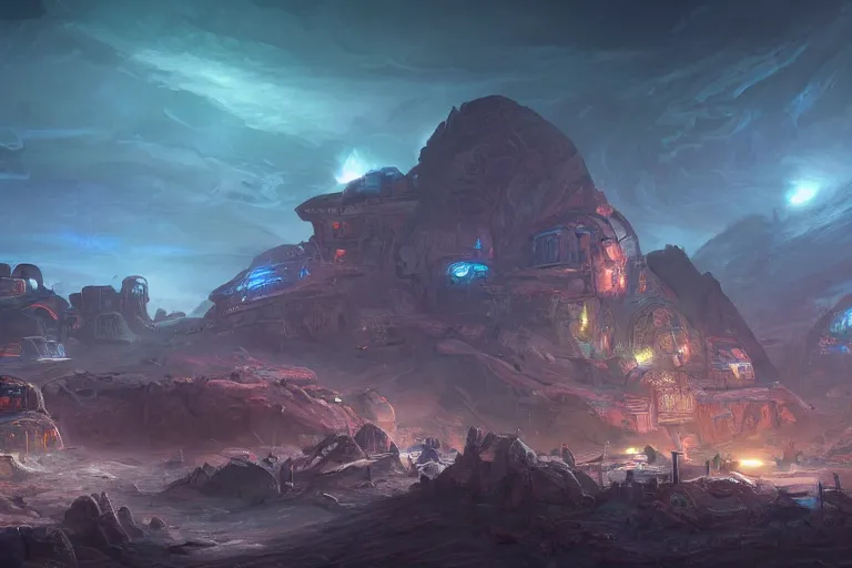 Image similar to an epic landscape view of a sprawling mars colony, with glowing lights at night, painted by tyler edlin, close - up, low angle, wide angle, atmospheric, volumetric lighting, cinematic concept art, very realistic, highly detailed digital art