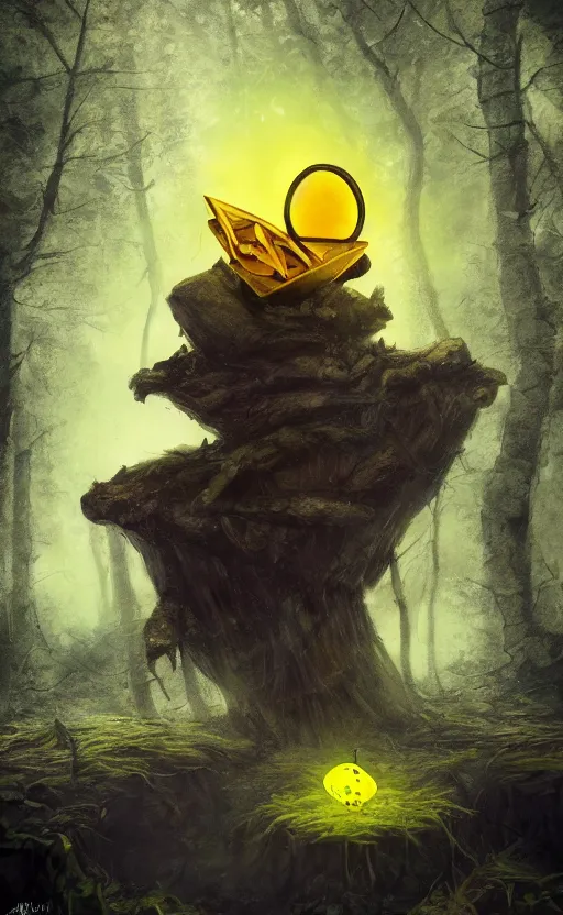 Prompt: dark fantasy photorealistic concept art of bill cipher floating in the middle of a forest with glowing yellow eyes, and pebbles floating in the air, gloomy seen, dynamic lighting, ambient lighting, atmospherical, stunning visuals, creative, cinematic, ultra detailed, trending on art station