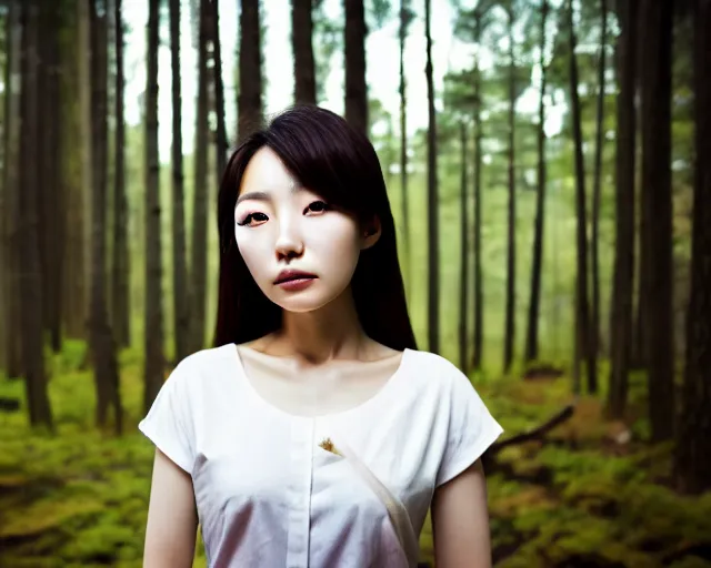 Image similar to close up portrait of an korean woman with beautiful face and modern clothes standing outside of an old cabin, forest in the background, bokeh, depth of field, dramatic lighting, cinematic, vivid colors, matte painting, vivid color scheme