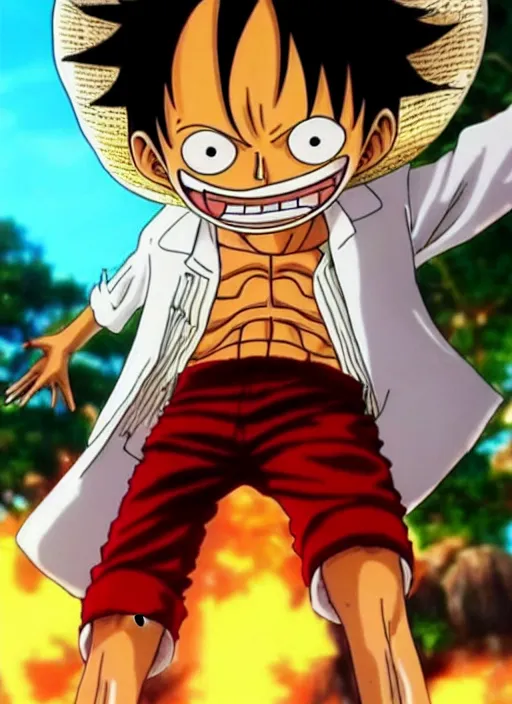 Image similar to a professional photo of luffy wearing a white suit, hyper realistic, golden hour effect