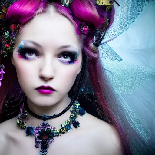 Prompt: Ethereal, mysterious stunning maximalist mesmerizing girl from the rainbow sky paradise, high-tech, professional high fashion model photo shoot for Victorian gothic lolita fashion, hyperdetailed by Mark Ryden and artgerm and Hiroyuki-Mitsume Takahashi, close-up 35mm macro shot, hyperrealism, 8k resolution 3D, cinematic, dynamic lighting, octane render, unreal engine 5