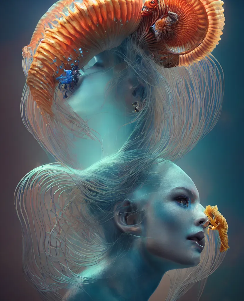 Image similar to goddess close-up portrait. chimera orchid jellyfish phoenix head, nautilus, skull, betta fish, bioluminiscent creatures, intricate artwork by Tooth Wu and wlop and beeple. octane render, trending on artstation, greg rutkowski very coherent symmetrical artwork. cinematic, hyper realism, high detail, octane render, 8k