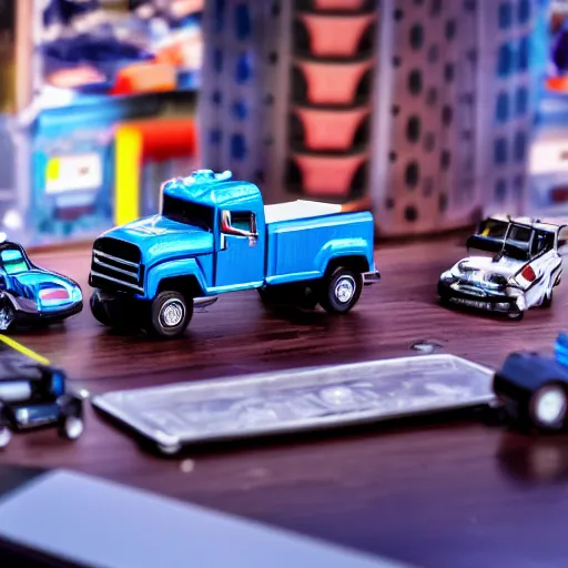 Image similar to cybertruck hot wheels on a desk with other toys in the background, depth of field, dramatic lighting