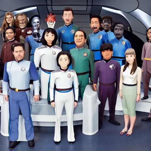 Image similar to Cast of The Orville on the bridge, studio ghibli