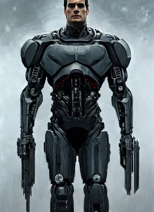 Image similar to henry cavill as victor stone, full body concept, cyborg, borg, strogg, face of a man, terminator, flesh, quake strogg, doom demon, wolfenstein, monstrous, powerful, symmetry, symmetrical, concept art by ruan jia and greg rutkowski