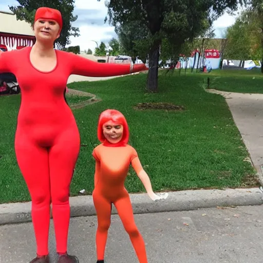 Image similar to woman in a tight KFC themed morph suit