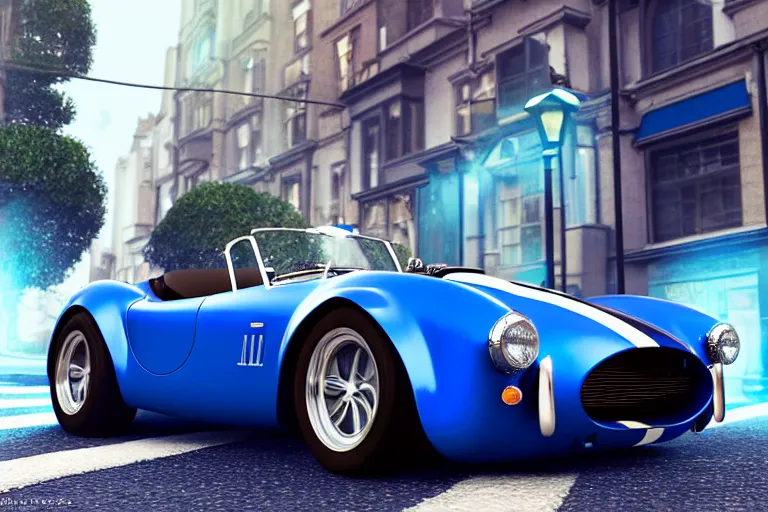 Prompt: a wholesome animation key shot of!! one!! focused!! ac cobra!!, shiny deep blue with white stripe, in a london street, morning, medium wide shot, studio ghibli, pixar and disney animation, sharp, very detailed, high resolution, rendered in unreal engine 5, anime key art by greg rutkowski, bloom, dramatic lighting