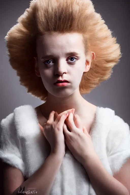 Prompt: studio portrait of girl that looks excactly like lisa simpson, lookalike, spitting image, as if lisa simpson came to life, soft light, black background, fine details, close - up, award winning photo by morten krogvold
