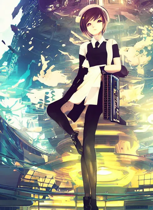 Image similar to JRPG game poster, luxury advertisement, yellow filter. Clean and detailed post-cyberpunk sci-fi close-up schoolgirl in asian city in style of cytus and deemo, blue flame, relaxing, calm and mysterious vibes, by Tsutomu Nihei, by Yoshitoshi ABe, by Ilya Kuvshinov, by Greg Tocchini, nier:automata, set in half-life 2, Matrix, GITS, Blade Runner, Neotokyo Source, Syndicate(2012), dynamic composition, beautiful with eerie vibes, very inspirational, very stylish, with gradients, surrealistic, dystopia, postapocalyptic vibes, depth of field, mist, rich cinematic atmosphere, perfect digital art, mystical journey in strange world, beautiful dramatic dark moody tones and studio lighting, shadows, bastion game, arthouse