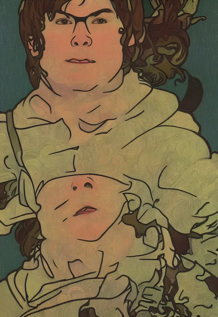 Image similar to yann lecun impersonated as shrek, in art style by alphonse mucha