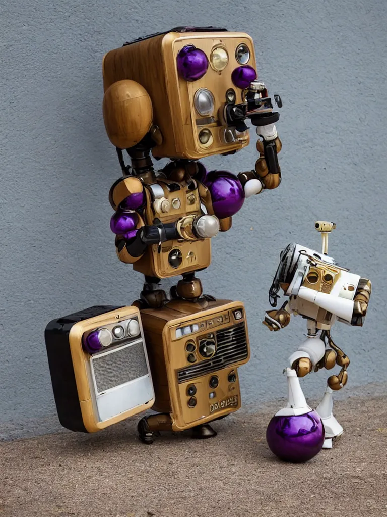 Image similar to an earth - tone robot with a ghettoblaster boombox for a head, wooden body, sleek, surreal, cool, retro, 1 9 9 0 s vibe, country road, one purple balloon