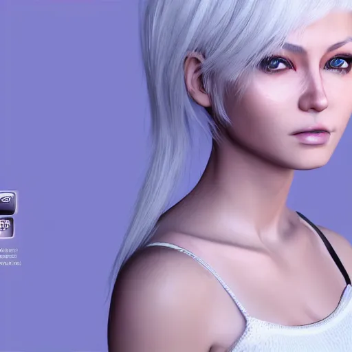 Image similar to Unbelievably realistic 3d portrait of beautiful girl with white hair. NVIDIA hairworks. RTX