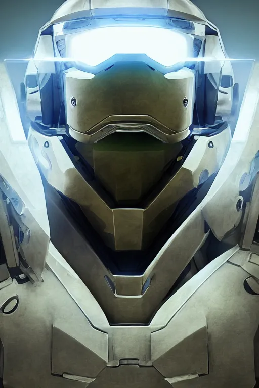 Image similar to robot ninja mask helmet halo master chief radiating a glowing aura global illumination ray tracing hdr fanart arstation by ian pesty and katarzyna da „ bek - chmiel