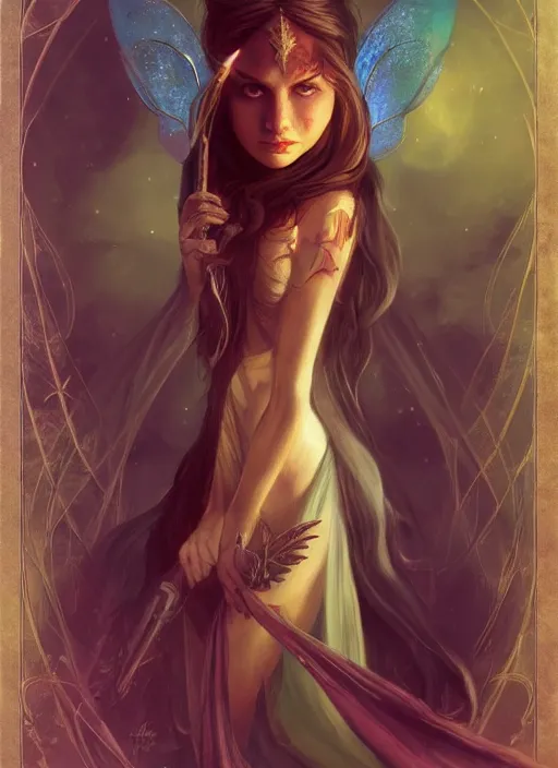 Image similar to tarot!!, fairy queen, fantasy medieval, no noise, elegant, concept art, sharp focus, beautiful face!!, digital art, smooth defined outlines!!, by Brom, trending on Artstation, Tom Bagshaw, Sargent